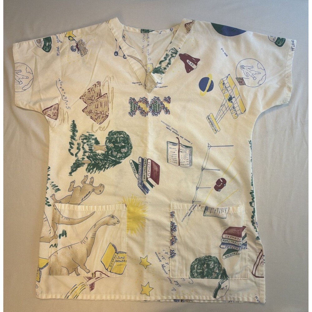 Vintage Doodles Math Dinosaurs Scrub Top Women Large V-Neck Pockets Unbranded